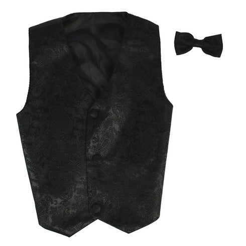 Lito Big Boys Black Paisley Poly Silk Vest Bowtie Special Occasion Set 8-14 - SophiasStyle.com